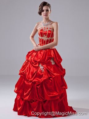 Appliques A-Line Taffeta Floor-length Strapless Prom Dress Red