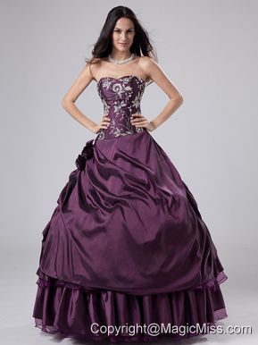 Embroidery Purple Strapless Ball Gown Taffeta Floor-length Quinceanera Dress