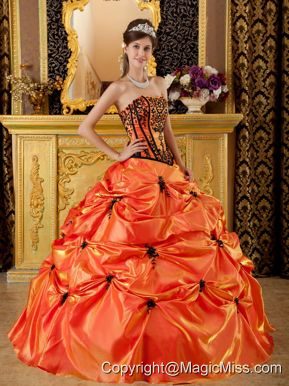 Orange Ball Gown Strapless Floor-length Embroidery Taffeta Quinceanera Dress