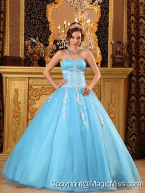 Popular Ball Gown Sweetheart Floor-length Tulle Appliques Aqua Blue Quinceanera Dress