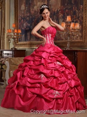 Coral Red Ball Gown Strapless Floor-length Appliques Taffeta Quinceanera Dress