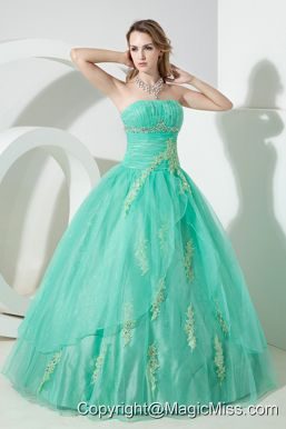 Turquoise Ball Gown Strapless Floor-length Organza Beading and Embroidery Quinceanera Dress