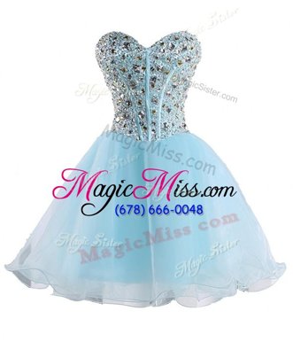 Stunning Mini Length Light Blue Juniors Party Dress Organza Sleeveless Beading