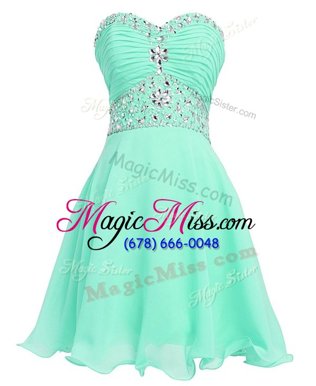 Suitable Sweetheart Sleeveless Dress for Prom Mini Length Beading and Belt Apple Green Organza