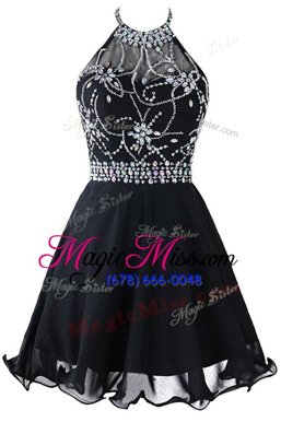 Fashion Scoop Sleeveless Organza Mini Length Zipper Evening Dress in Black for with Beading and Belt