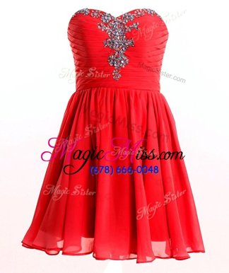 Red Empire Beading Dress for Prom Lace Up Chiffon Sleeveless Mini Length
