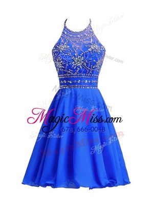 Free and Easy Halter Top Royal Blue A-line Beading Dress for Prom Zipper Chiffon Sleeveless Knee Length