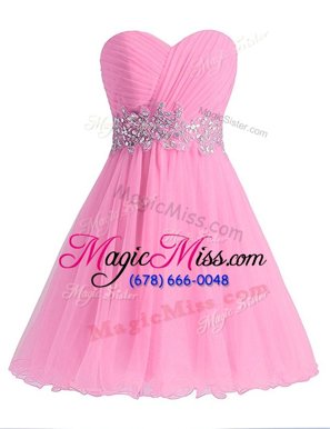 Cheap Baby Pink A-line Beading and Ruching Prom Gown Lace Up Chiffon Sleeveless Knee Length