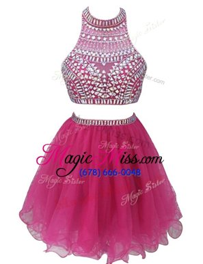 Low Price Watermelon Red Chiffon Zipper Prom Dress Sleeveless Mini Length Beading