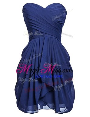 Romantic Navy Blue Column/Sheath Ruching Dress for Prom Lace Up Chiffon Sleeveless Knee Length