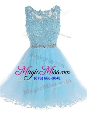 Baby Blue A-line Chiffon Scoop Sleeveless Beading and Lace Knee Length Zipper Prom Evening Gown