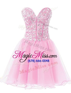 Sexy Beading Dress for Prom Rose Pink Lace Up Sleeveless Knee Length