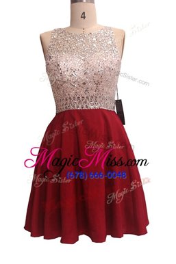 On Sale Wine Red Chiffon Zipper Scoop Sleeveless Knee Length Dress for Prom Sequins