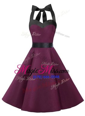 Charming Dark Purple A-line Halter Top Sleeveless Chiffon Knee Length Zipper Sashes|ribbons Evening Dress