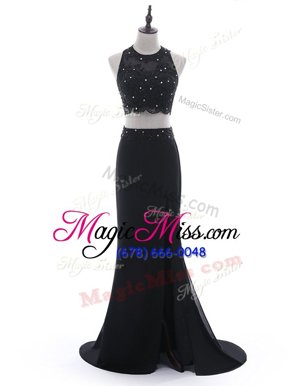 Latest Black Chiffon Side Zipper Scoop Sleeveless With Train Prom Evening Gown Brush Train Beading and Lace