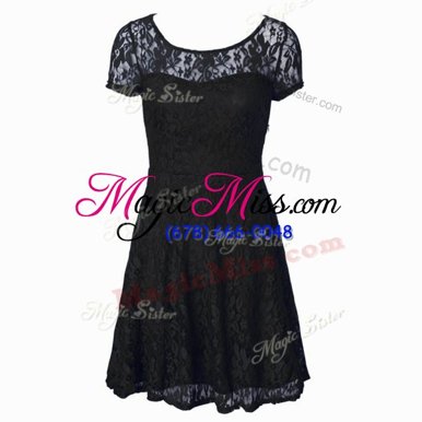 Glamorous Tea Length Black Prom Gown Scoop Short Sleeves Side Zipper