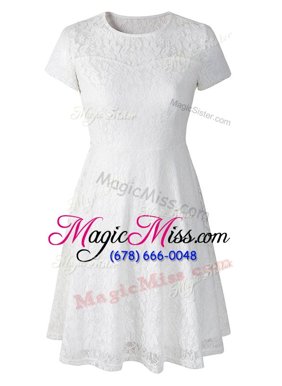 Scoop White Organza Side Zipper Prom Party Dress Short Sleeves Tea Length Lace
