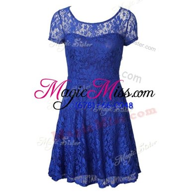 Elegant Scoop Blue Short Sleeves Lace Tea Length Mother Of The Bride Dress