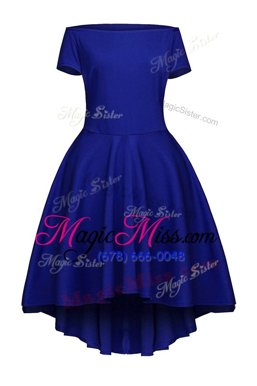 Inexpensive Satin Short Sleeves Tea Length Mother Of The Bride Dress and Ruching