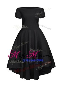 Custom Fit Black Short Sleeves Satin Side Zipper Dress for Prom for Prom and Party