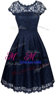 Modest Navy Blue Scalloped Zipper Lace Mother Of The Bride Dress Short Sleeves