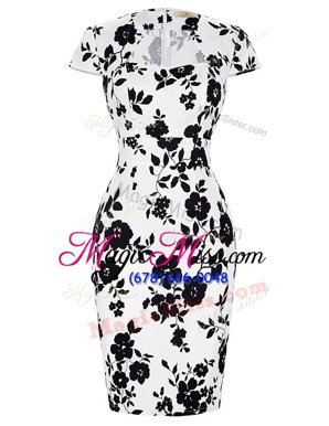 Enchanting Pattern and Belt Prom Evening Gown White and Black Zipper Short Sleeves Knee Length