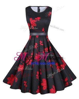 Classical Scoop Black Sleeveless Sashes|ribbons and Pattern Knee Length Dress for Prom