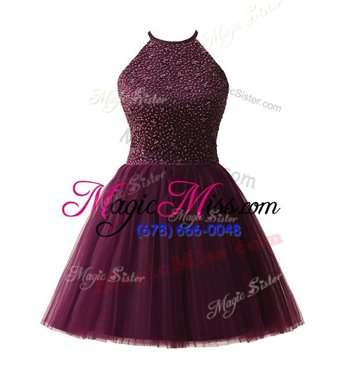 Modest A-line Prom Party Dress Dark Purple Scoop Chiffon Sleeveless Knee Length Zipper