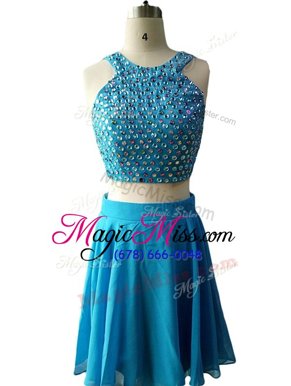 Sophisticated Scoop Sleeveless Knee Length Beading Zipper Going Out Dresses with Turquoise
