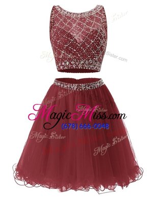 Organza Sweetheart Sleeveless Side Zipper Beading and Belt Party Dress Wholesale in Burgundy
