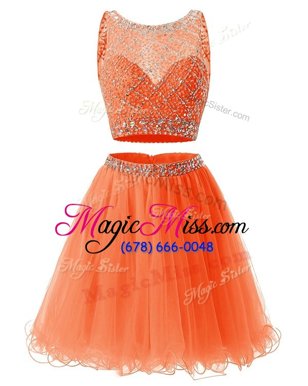 Flare Organza Scoop Sleeveless Backless Beading and Belt Prom Party Dress in Orange Red