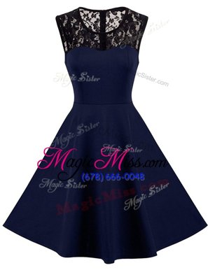 Traditional Satin Scoop Sleeveless Zipper Lace Hoco Dress in Navy Blue