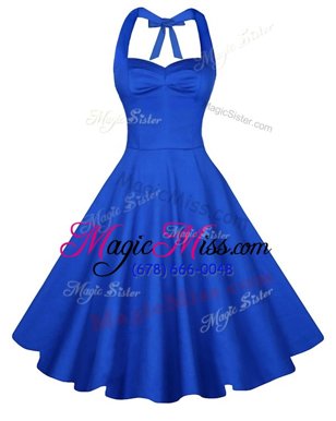 Affordable Blue A-line Ruching Homecoming Dress Backless Satin Sleeveless Knee Length