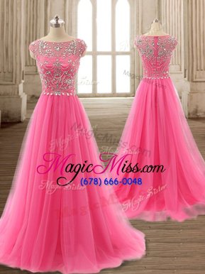 Attractive Hot Pink A-line Tulle Scoop Cap Sleeves Beading Zipper Evening Dress Brush Train