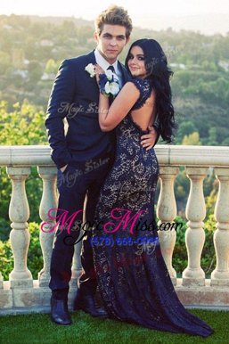 Fashionable Mermaid Lace Black Sleeveless 1 Sweep Train Prom Gown