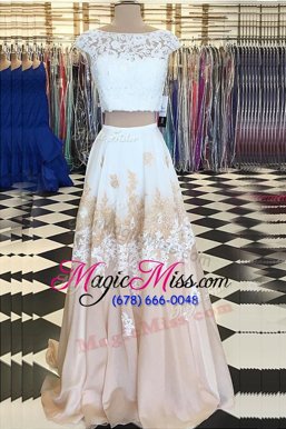 Customized Champagne A-line Bateau Cap Sleeves Chiffon Sweep Train Open Back 1 Celebrity Evening Dresses