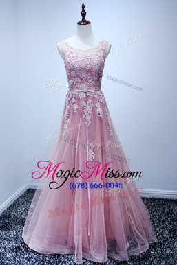 Artistic Scoop Sleeveless Floor Length Appliques Pink Tulle