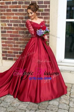 Best Off the Shoulder Appliques Burgundy Zipper Long Sleeves With Train Sweep Train