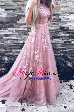 High Class Scoop Sleeveless Sweep Train Zipper Appliques and Sashes|ribbons Prom Dress
