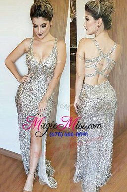 Glamorous Mermaid Silver Sequined Backless Evening Dress Sleeveless Floor Length Sequins