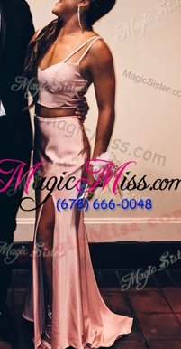 Most Popular Mermaid Spaghetti Straps Sleeveless Sweep Train Zipper Prom Evening Gown Pink Taffeta