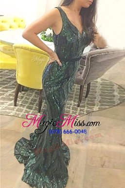 Hot Sale Olive Green Mermaid V-neck Sleeveless Sequined Sweep Train Zipper Sashes|ribbons Dress for Prom