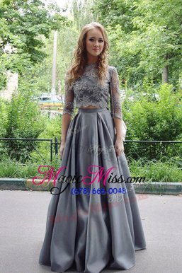 Latest Scoop Lace Prom Party Dress Grey Zipper 3|4 Length Sleeve Floor Length