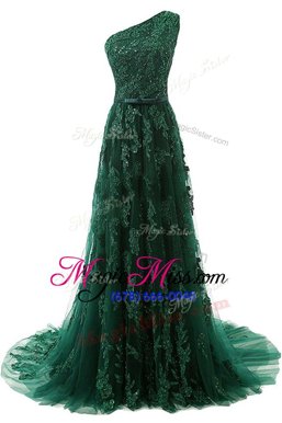 Super Dark Green A-line One Shoulder Sleeveless Tulle Sweep Train Zipper Beading and Appliques