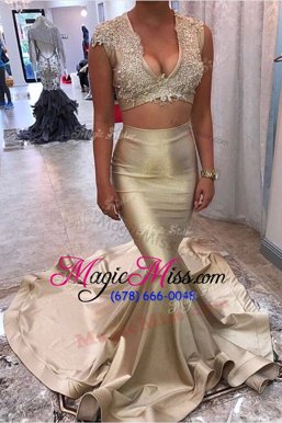 Elegant Mermaid Gold Zipper V-neck Appliques Prom Dress Satin Sleeveless Court Train