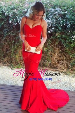 Romantic Mermaid Sleeveless With Train Ruching Zipper Prom Dress with Red Sweep Train