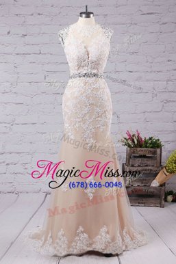 Mermaid Scoop Sleeveless Sweep Train Beading and Appliques Backless Prom Evening Gown