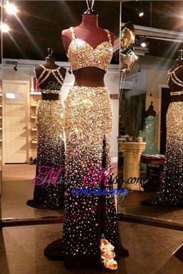 Discount Mermaid With Train Gold Prom Evening Gown Tulle Sweep Train Sleeveless Beading