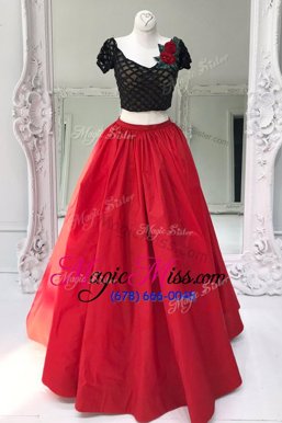 Cheap Short Sleeves Floor Length Beading and Ruffles Zipper Dress for Prom with Red