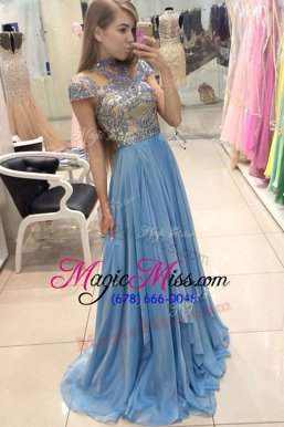 Glamorous Blue Prom Evening Gown Prom and For with Beading Scoop Cap Sleeves Sweep Train Zipper